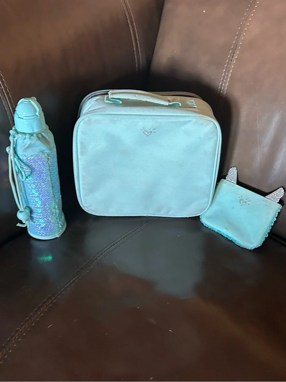 Justice Kids Sequin Owl Lunch Bag and Bottle Set - Aqua Teal